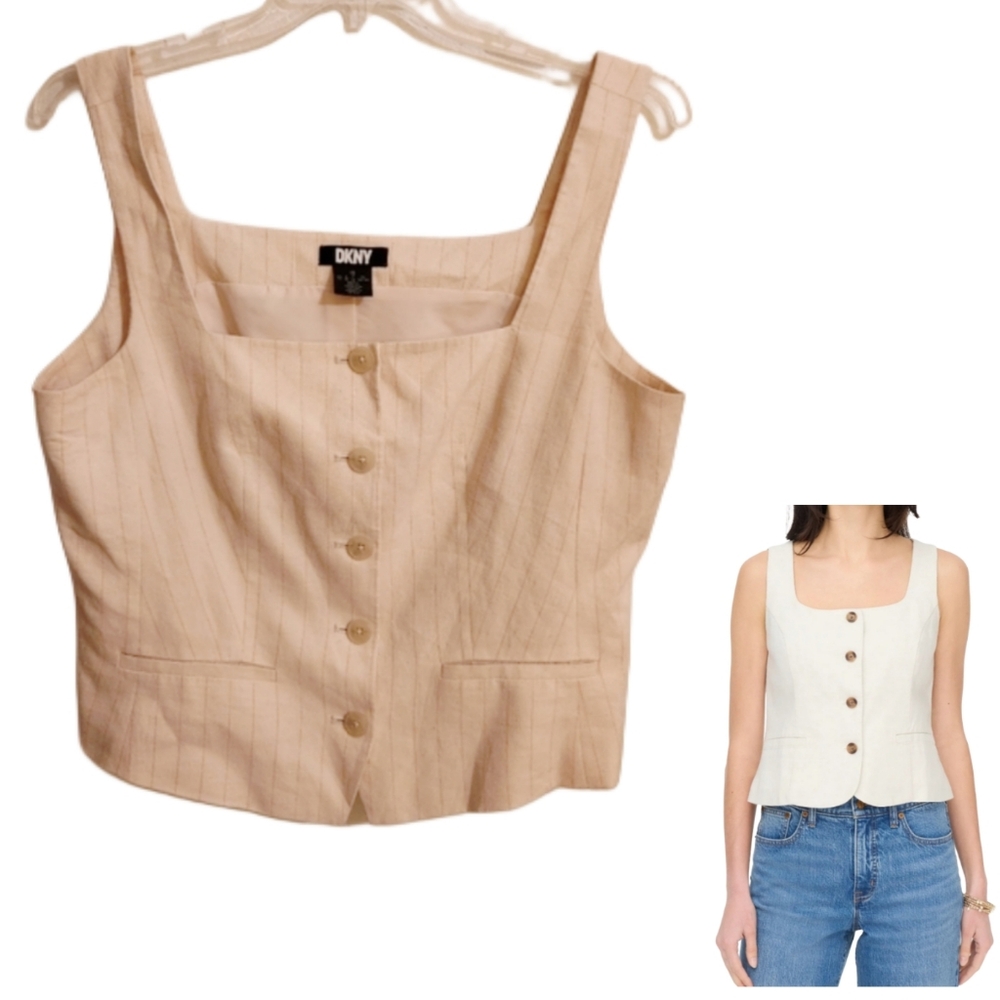 DKNY Cream Square Neck Button Down Linemln Blend Vest Size Large